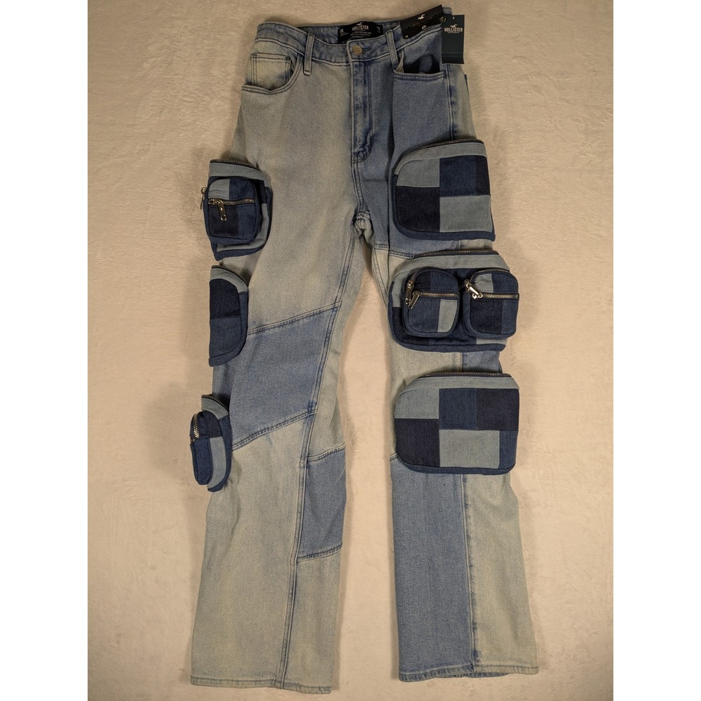 Hollister Ultra High Rise Dad Jeans Patchwork‎ Cargo Exaggerated Pockets 26x30